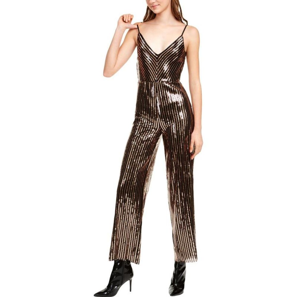 Bebe Womens Black Sequined Blouson V-Neck Jumpsuit Imperfections